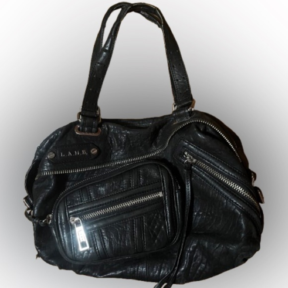 L.A.M.B. Black and Silver Shoulder Bag with Distressed Leather
